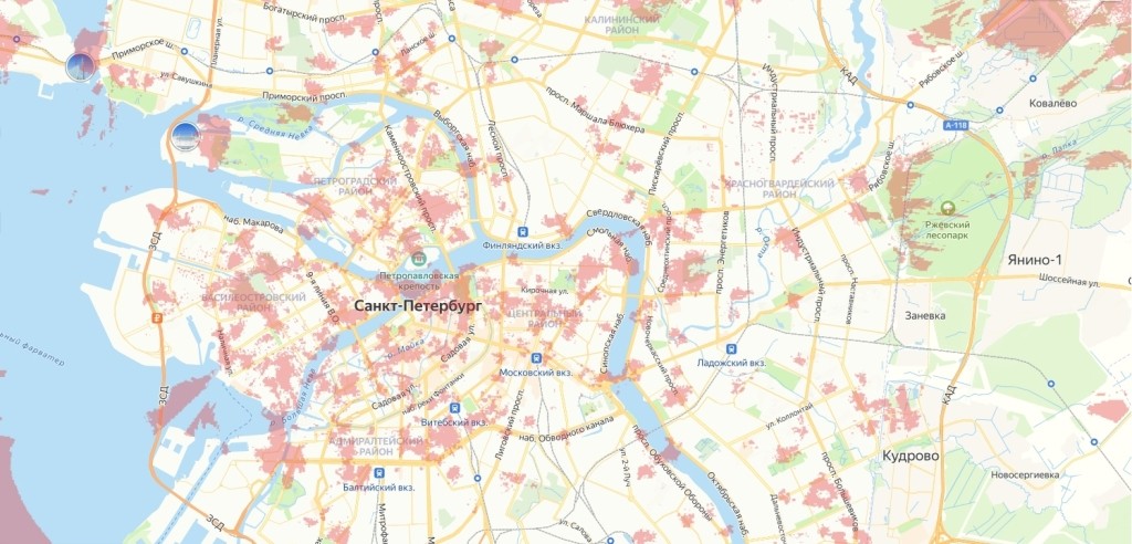 Карта покрытия 5G МТС в Санкт-Петербурге